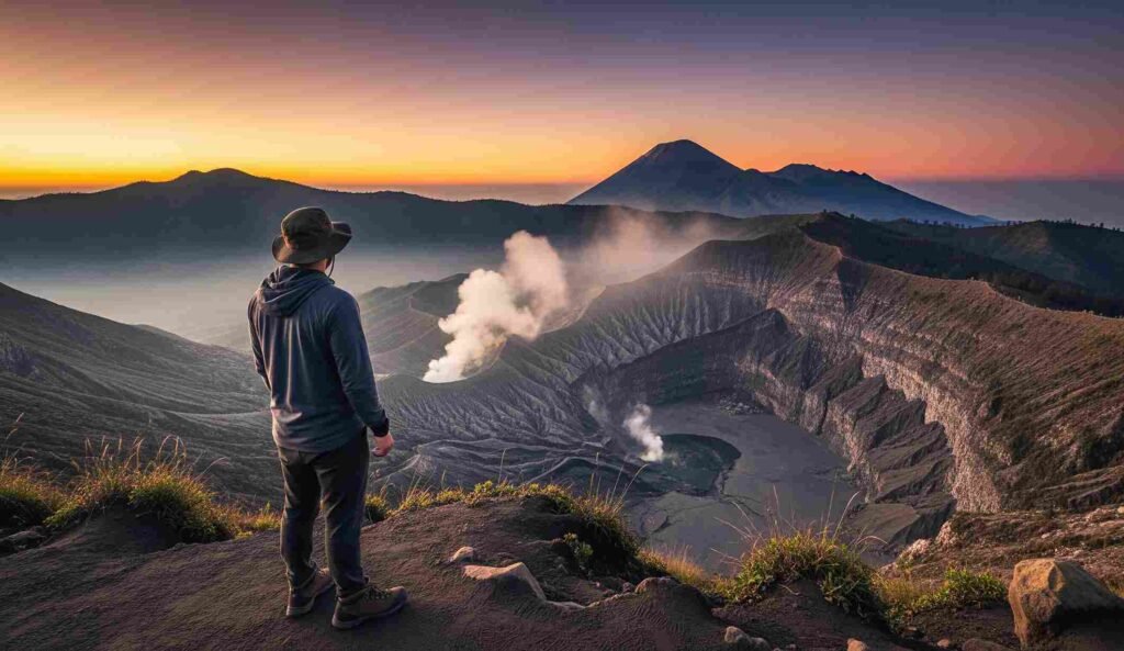Seorang wisatawan yang sedang berdiri di tepi Kawah Bromo di Jawa Timur, Indonesia, menghadap pemandangan vulkanik yang menakjubkan saat matahari terbit. Ini adalah pemandangan ikonik bagi mereka yang wisata ke Bromo.